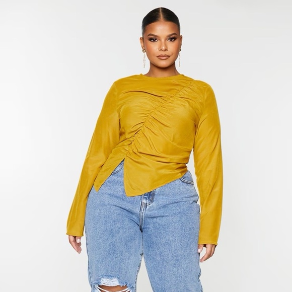 PLUS CHARTREUSE RUCHED FRONT BLOUSE - Picture 1 of 4